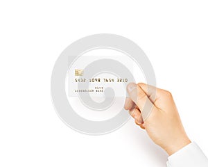 Hand holding blank white credit card mockup .