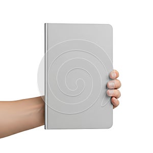 Hand holding a blank white rectangular object against a white background