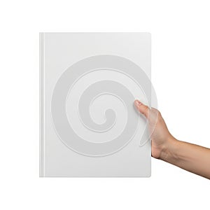 A hand holding a blank white rectangular object against a plain background