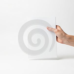 A hand holding a blank white rectangular object against a white background isolated on white background