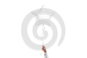 Hand holding blank white star balloon mockup, isolated