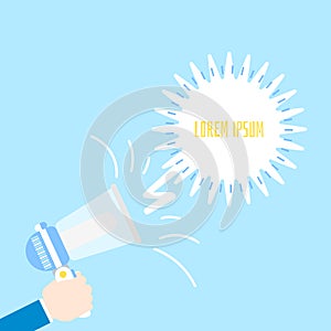 Hand holding blue announcement megaphone speech bubble balloon think,speak,talk