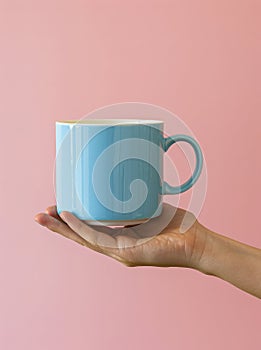 Hand Holding Blue Coffee Cup Against Pink Wall
