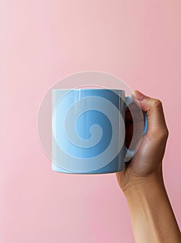 Hand Holding Blue Coffee Mug on Pink Background
