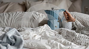 The hand with blue coffeemaker.AI generated image