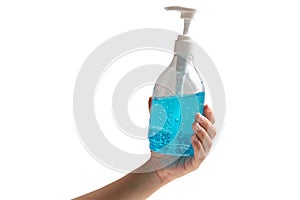 A hand holding  the blue ethyl alcohol gel protection for coronavirus isolated on a white background with clipping path