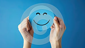 a hand holding a blue paper cut-out of a happy smiley face, symbolizing positive thinking. Ai Generated