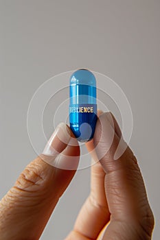 hand holding blue pill with the word RESILIENCE on it