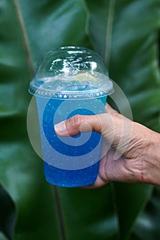 hand holding blue soda and lemon slice in plastic glass on green leaves background, food, drink, nature, object, copy space