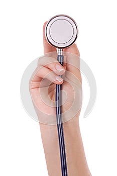 Hand holding a blue stethoscope
