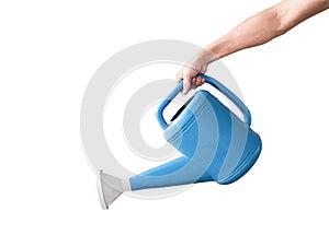 Hand holding a blue watering can, Isolated on white background