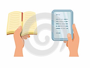 Hand holding book and tablet ebook. literature education symbol set cartoon illustration vector