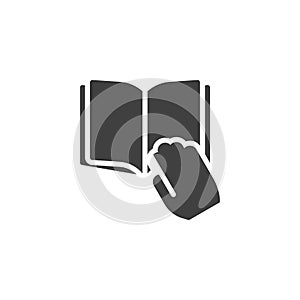 Hand holding book vector icon