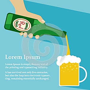 Hand holding bottle pouring beer into mug with copyspace for text, flat design