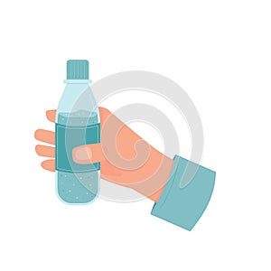 Hand holding bottle of still water isolated on white background. Fresh clean drink in plastic container. Aqua healthy cold