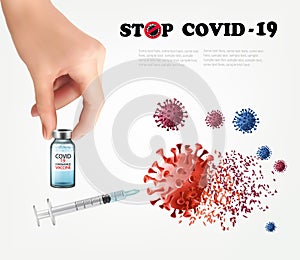 Hand holding bottle with vaccine destroying virus molecule. Covid-19 virus vaccination with syringe injection tool for covid19 photo