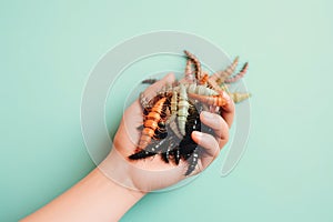 Hand holding a bouquet of centipedes created with Generative AI technology