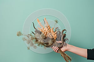 Hand holding a bouquet of centipedes created with Generative AI technology