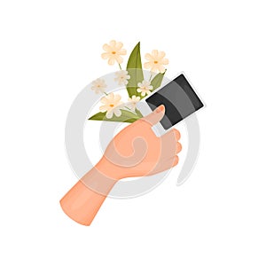 Hand is holding a bouquet and a photo card. Poloroid. Vector illustration on white background.