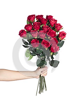 Hand holding bouquet of red roses