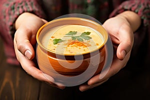 hand holding a bowl of tasty shrimp bisque