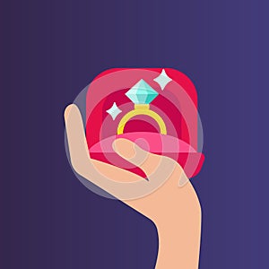 Hand holding a box with the ring. Flat design vector illustration