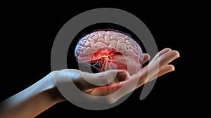 Hand holding brain with electrical signals