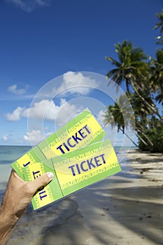 Hand Holding Brazil Tickets Palm Trees Nordeste Beach