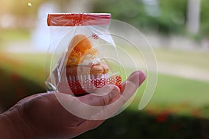 Hand holding bread Foi Thong Cake Fios de ovos put in plastic bags, home-made sweets, photo