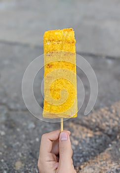 Hand holding bread or yellow toast with slight burn marks on a wooden skewer on a vertical blurred gray photo