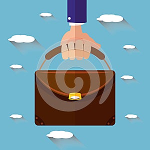 Hand holding briefcase full of money. flat style