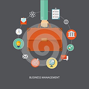 Hand holding briefcase with icons. Business management flat illustration