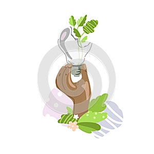 Hand holding broken light bulb and fresh green leaves plant inside drawing isolated on white background,Green energy.