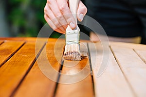 Hand holding a brush applying varnish paint on a wooden garden table - painting and caring for wood with oil - shallow depth of