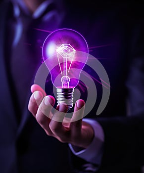 Hand holding bulb. Businessman holding a bright light bulb. Concept of Ideas.