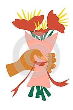 Hand Holding Bunch of Flowers Wrapped in Craft Paper. Cartoon flat human hand holding bunch of colorful blossoms, giving gift