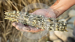 A hand holding a bundle of dried herbs with intricately woven patterns visible on the leaves