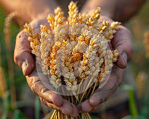 Hand holding a bundle of harvested wheat