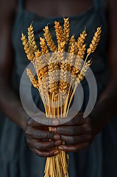 Hand holding a bundle of harvested wheat