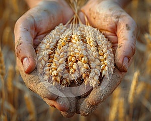 Hand holding a bundle of harvested wheat