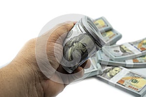 Hand holding bundles 100 American Dollar`s Stack Rendering