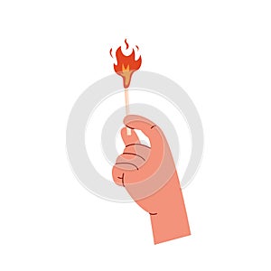 Hand holding a burning match stick. Flaming matchstick. Match with fire. Pyromaniac concept. Vector illustration