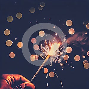 Hand holding burning Sparkler blast on a black bokeh background at night,holiday celebration event party,dark vintage tone