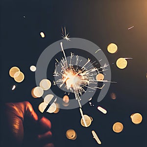 Hand holding burning Sparkler blast on a black bokeh background at night,holiday celebration event party,dark vintage tone