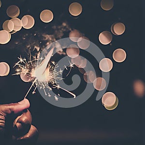 Hand holding burning Sparkler blast on a black bokeh background at night,holiday celebration event party,dark vintage tone