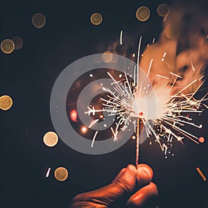 Hand holding burning Sparkler blast on a black bokeh background at night,holiday celebration event party,dark vintage tone
