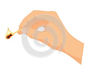 Hand holding burning wooden match stick. Match with fire. Flat design. Lighting concept. Vector illustration isolated on