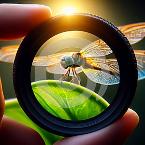 the hand is holding a camera lens with a bug on top photo