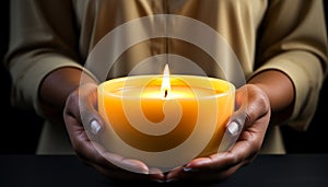 Hand holding candle, flame burning, symbol of spirituality and relaxation generated by AI