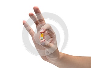 Hand holding capsule pill isolated on white background ,include clipping path
